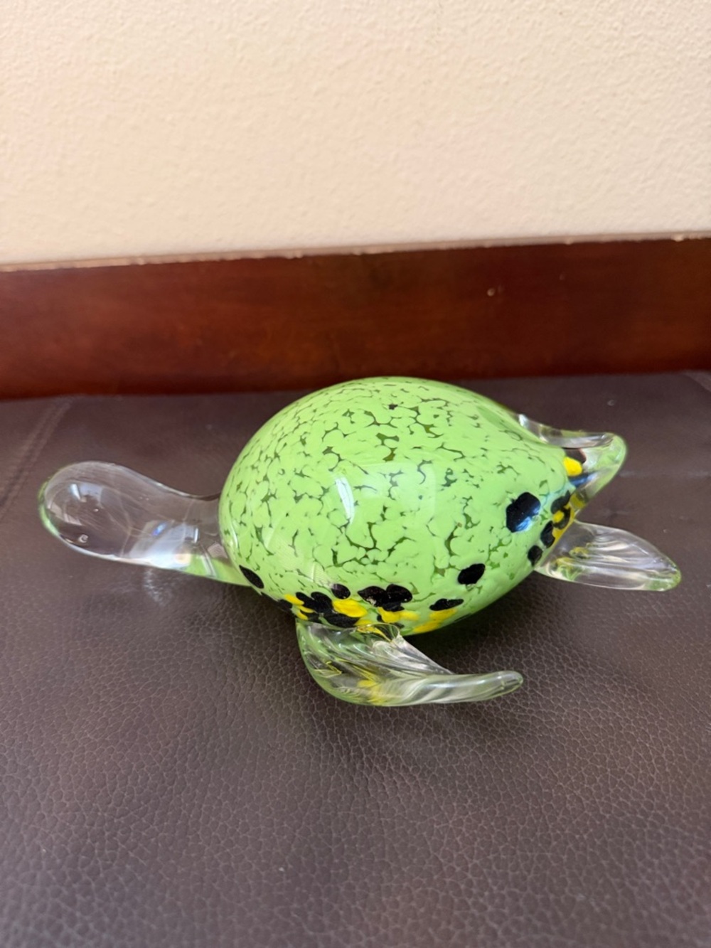 Handblown Glass Sea Turtle Paperweight Figurine in Lime Green w/Speckled Accents